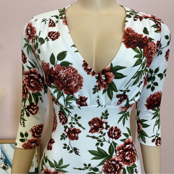 White Floral Printed Midi Dress - Picture 2 of 6